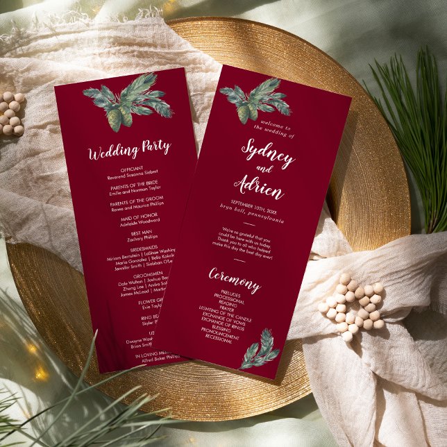 Winter Greenery Burgundy Wedding Program (Creator Uploaded)