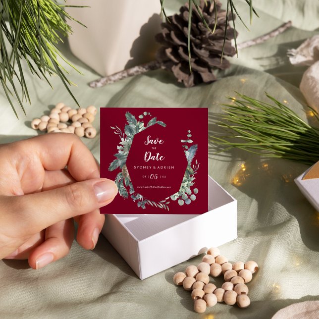 Winter Greenery Burgundy Wedding Save The Date (Creator Uploaded)