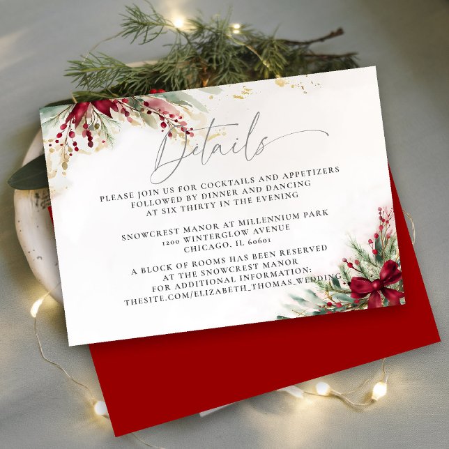 Winter Greenery Christmas Bow Red Wedding Details Enclosure Card (winter wedding details enclosure christmas bow greenery berries watercolor elegant calligraphy)