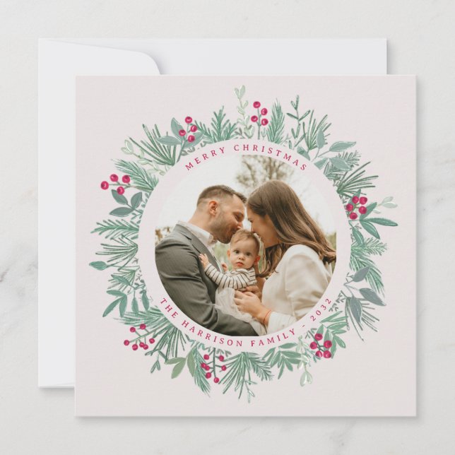 Winter Greenery Christmas Card with Photo (Front)