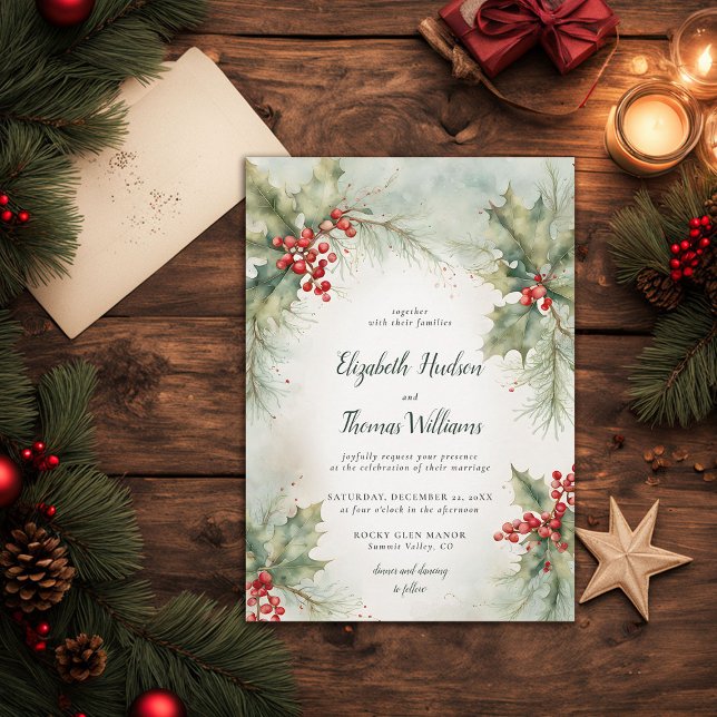 Winter Greenery Christmas Modern Vintage Wedding Invitation (winter wedding invitation christmas berries elegant rustic modern vintage watercolor calligraphy)