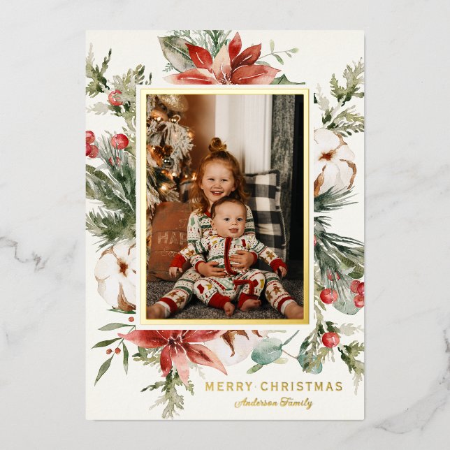 Winter Greenery Christmas Photo Foil Holiday Card (Front)