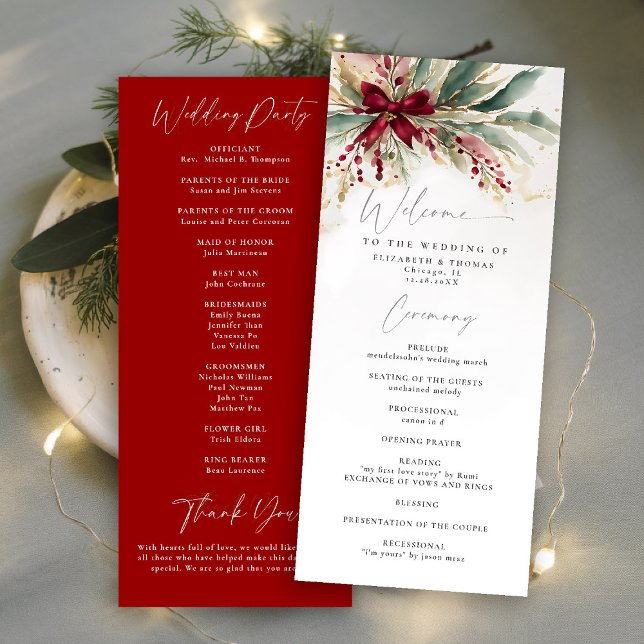 Winter Greenery Christmas Red Bow Wedding Program (winter wedding program christmas bow greenery berries watercolor elegant calligraphy)