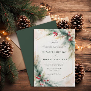 Winter Greenery Christmas Red Elegant Wedding Invitation