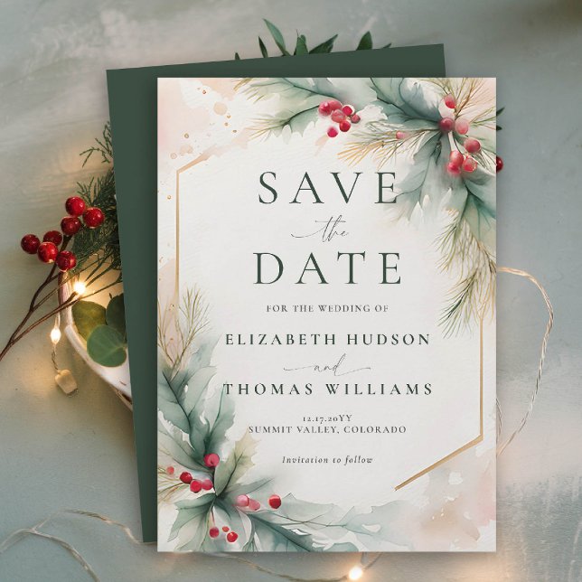 Winter Greenery Christmas Red Elegant Wedding Save The Date (winter christmas wedding save the date romantic modern watercolor greenery berries holly spruce)