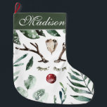 Winter Greenery Christmas Reindeer | Monogram Large Christmas Stocking<br><div class="desc">Celebrate this Christmas with our Monogram Christmas Stockings. Personalised with your name along the top. Add your custom wording to this design by using the "Edit this design template" boxes on the right hand side of the item, or click the blue "Customise it" button to arrange the text, change the...</div>