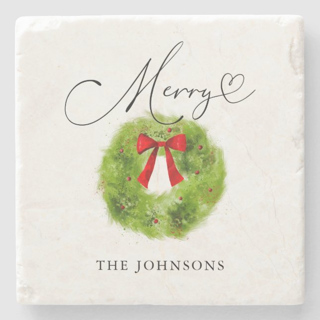 Winter Greenery Christmas Wreath Merry Stone Coaster (Front)