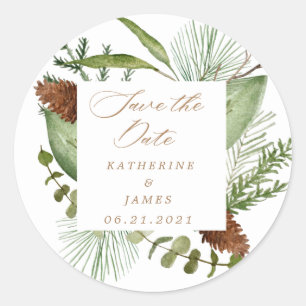 winter greenery elegant save the date classic round sticker