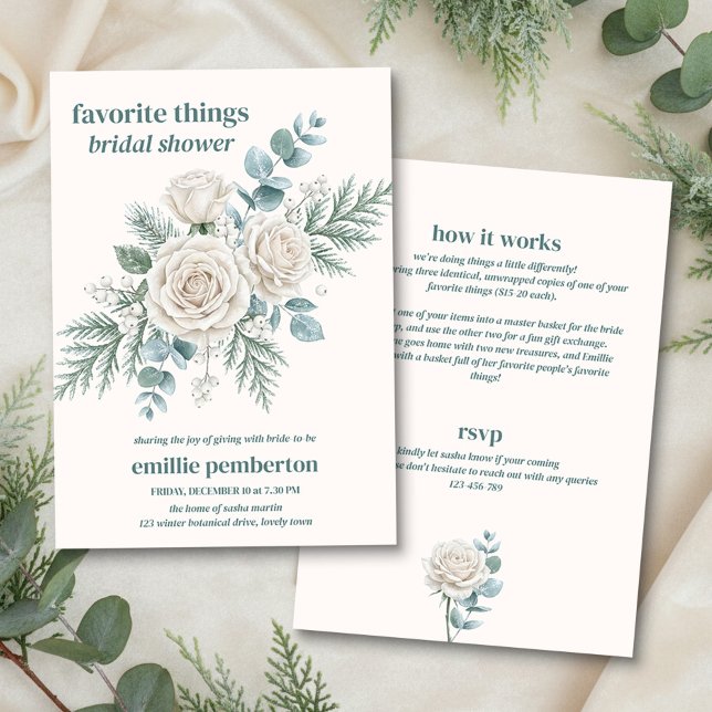 Winter Greenery Favourite Things Bridal Shower Invitation (Favorite Things Winter Bridal Shower Invitation by Darling & May)