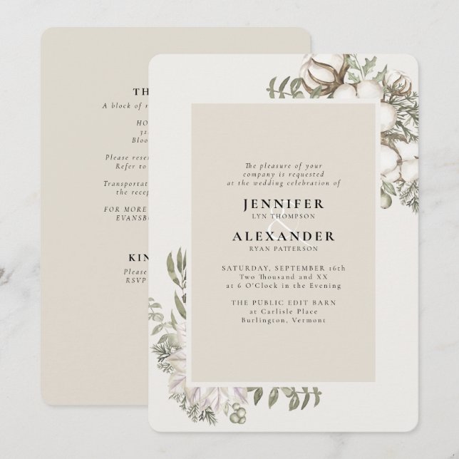 Winter Greenery Floral Cream RSVP QR Code Wedding Invitation (Front/Back)