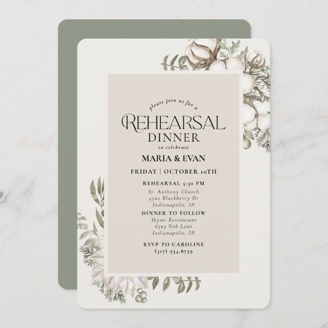 Winter Greenery Floral Oval Rehearsal Dinner Invitation (Front/Back)
