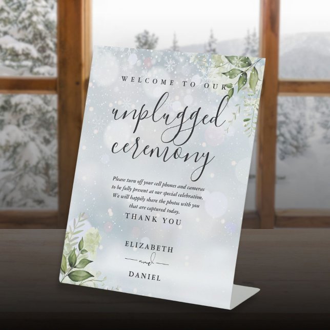 Winter Greenery Floral Unplugged Ceremony Pedestal Sign (Winter Greenery Floral Unplugged Ceremony Pedestal Sign)