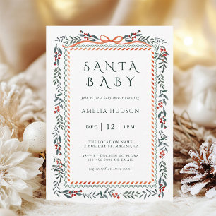Winter Greenery Frame Santa Baby Shower Invitation