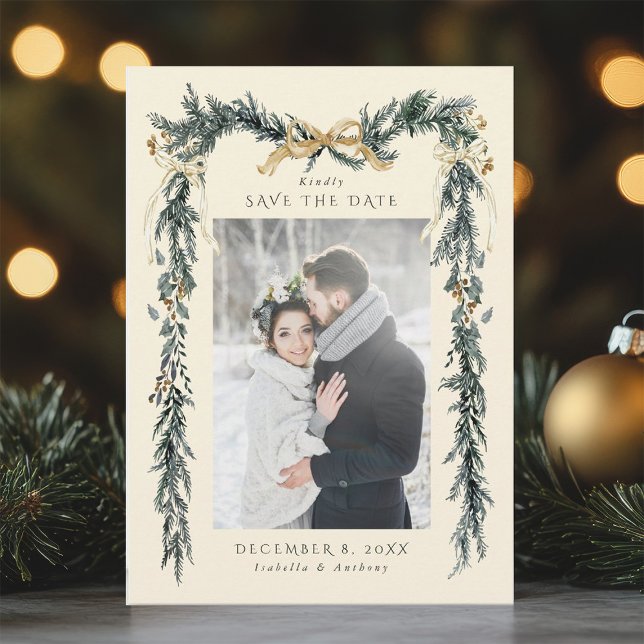 Winter Greenery Garland Wedding Photo Ivory Save The Date (Creator Uploaded)