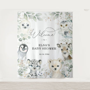 Winter Greenery Gold Arctic Animals Baby Welcome Tapestry