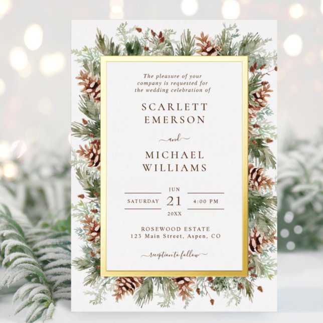 Winter Greenery Gold Foil Wedding Invitations (Elegant Forest Pinecone Mountain Greenery Gold Foil Wedding Invitations by Painted Paperie
)