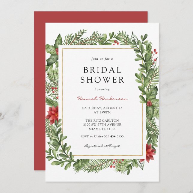 Winter Greenery Gold Frame Bridal Shower Invitation (Front/Back)