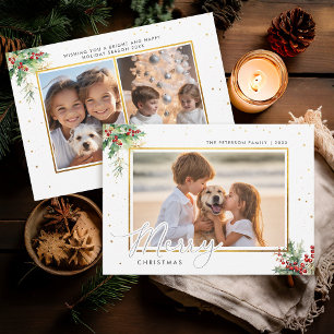 Winter Greenery Gold Frame Kids Photo Christmas Holiday Card
