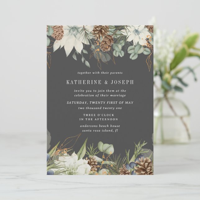 Winter Greenery Golden Elegant Wedding Invite (Standing Front)