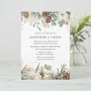 Winter Greenery Golden Elegant Wedding Invite