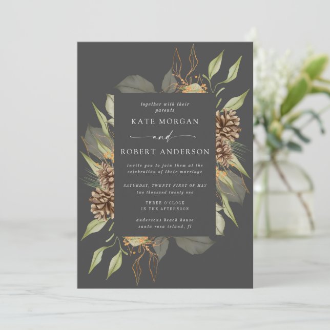 Winter Greenery Golden Elegant Wedding Invite (Standing Front)