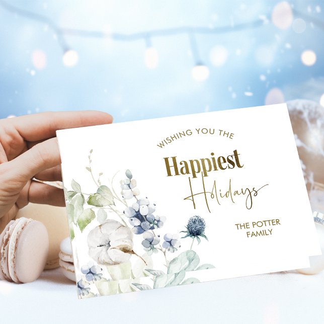 Winter Greenery, Happiest Holidays, Elegant Folded Holiday Card (Creator Uploaded)