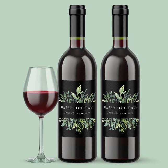 Winter Greenery Happy Holidays Wine Label (Creator Uploaded)