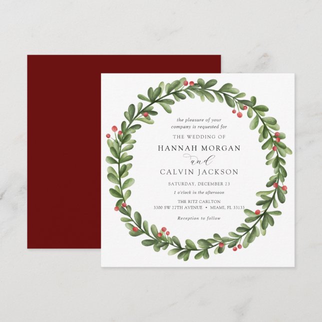 Winter Greenery Holly Wedding Invitation (Front/Back)