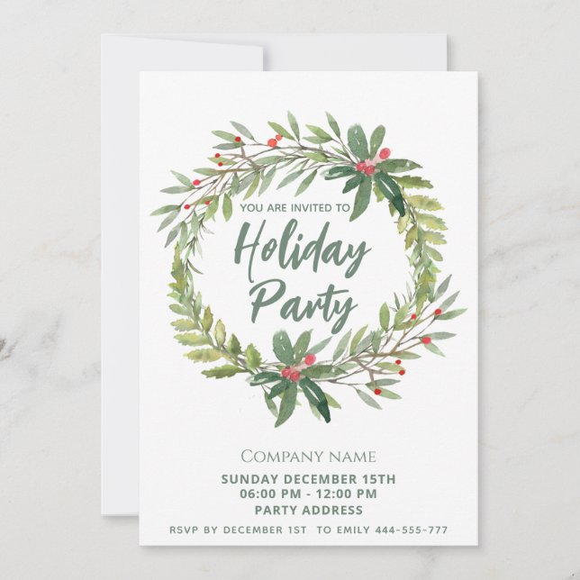 Winter greenery holly wreath Christmas party Invitation (Front)