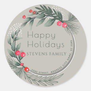 Winter Greenery holy  watercolor  Happy Holidays Classic Round Sticker
