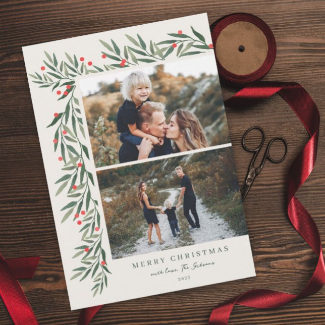 Winter Greenery Ivory 2 Photo Christmas Holiday Card (Creator Uploaded)