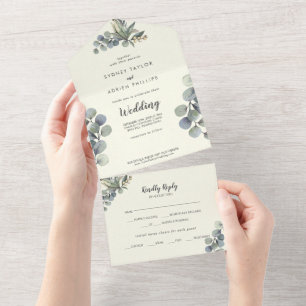 Winter Greenery Ivory Eucalyptus Wedding All In One Invitation