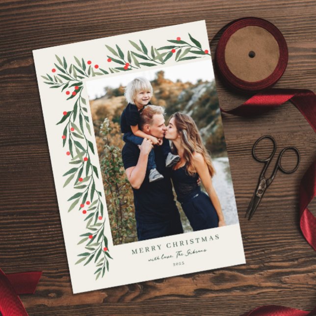 Winter Greenery Ivory Photo Christmas Holiday Card (Creator Uploaded)
