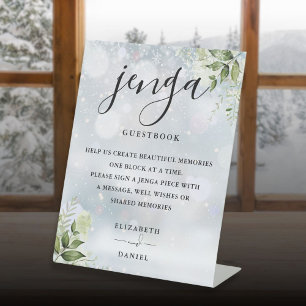 Winter Greenery Jenga Wedding Guestbook Pedestal Sign
