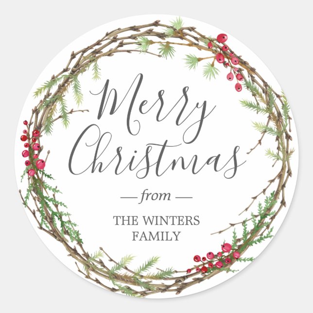 Winter Greenery Leaves Berries Wreath Christmas Classic Round Sticker (Front)