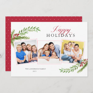 Winter Greenery Minimal 3 Photo Happy Holidays Holiday Card