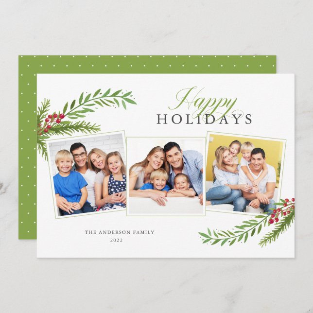 Winter Greenery Minimal 3 Photo Happy Holidays Holiday Card (Front/Back)