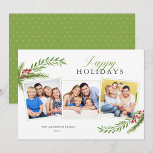 Winter Greenery Minimal 3 Photo Happy Holidays Holiday Card