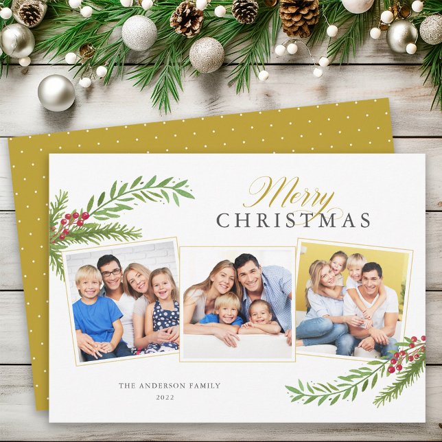 Winter Greenery Minimal 3 Photo Merry Christmas Holiday Card (Creator Uploaded)
