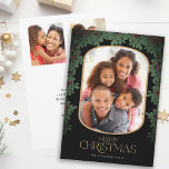 Winter Greenery Mistletoe 3 Photos Christmas Holiday Card<br><div class="desc">This delightful Christmas card showcases a vertical photo within a rounded frame,  accented with a mistletoe border. This black holiday card offers space for three of your favourite pictures. Custom text,  on the backside,  allows you to add your own personal message,  or use the one shown.</div>