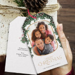 Winter Greenery Mistletoe Rounded Photo Christmas Gift Tags<br><div class="desc">This elegant Christmas gift tag features a vertical photo within a modern rounded frame,  accented with a mistletoe foliage border. This white gift tag offers space for your favourite picture. Custom text,  on the backside,  allows you to add your own personal message,  or use the one shown.</div>