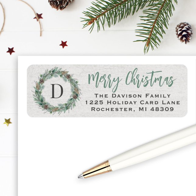 Winter Greenery Monogram Wreath Return Address Label (Creator Uploaded)