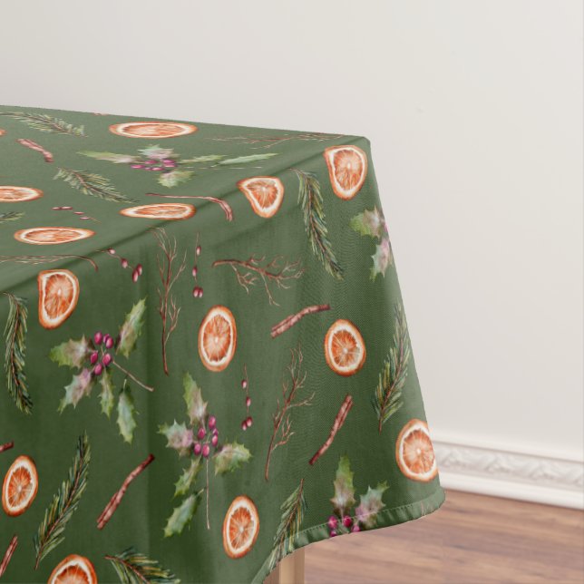 Winter Greenery Orange and Spice Green Holiday Tablecloth (In Situ)