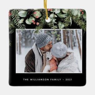 Winter Greenery   Pine and Berries 2 Photo Holiday Ceramic Ornament