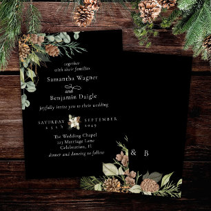Winter Greenery Pine Black Elegant Wedding Invitation