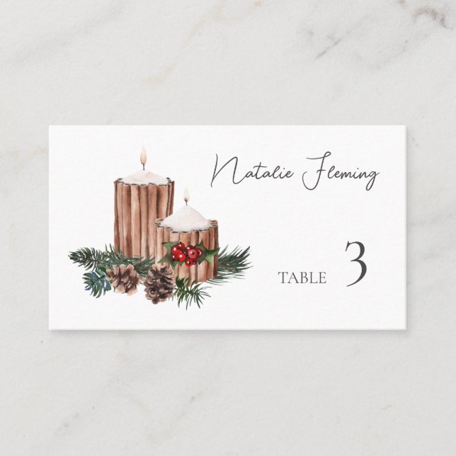 Winter Greenery Pine Cones Candle Red Berry Place Card (Front)