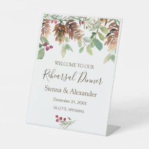 Winter Greenery Pine Holly Rehearsal Dinner Pedestal Sign