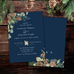 Winter Greenery Pine Navy Blue Elegant Wedding Invitation