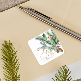 Winter Greenery Pinecone Antler Berries Holiday Square Sticker