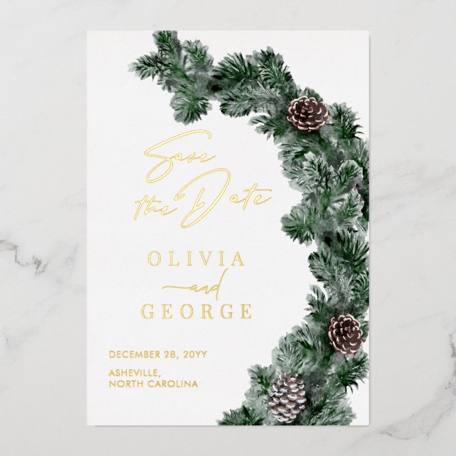 Winter Greenery Pinecone Christmas Save The Date (Front)